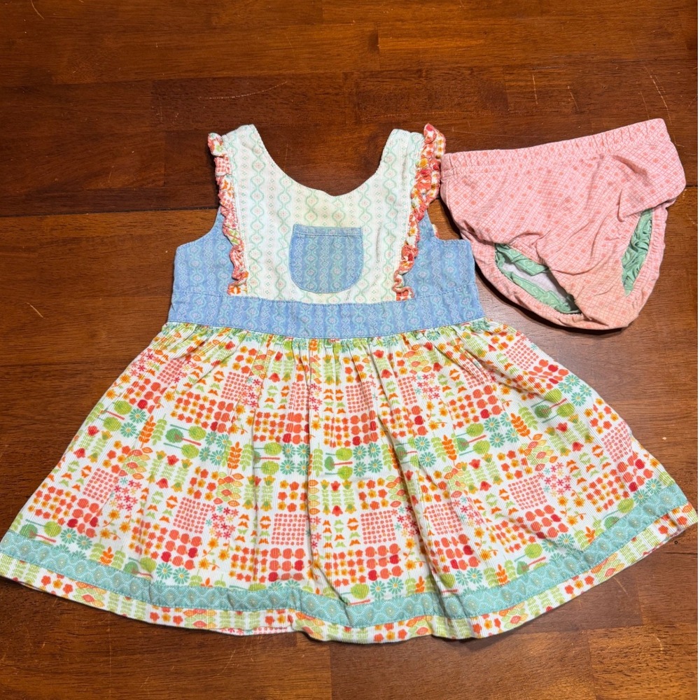 Matilda Jane Girls Dress Bloomers Set 12-18M Multi Patchwork Floral Ruffle Boho